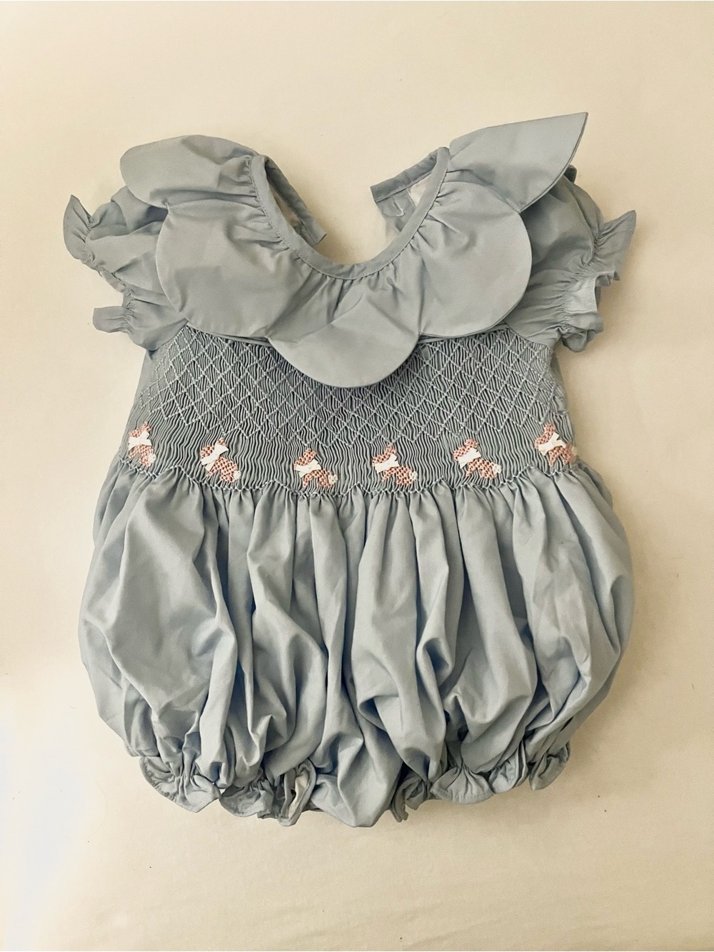 Blue Smocked Baby Bubble Romper with Ruffle Collar